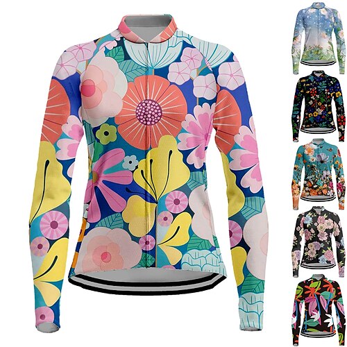 

21Grams Women's Cycling Jersey Long Sleeve Bike Jersey Top with 3 Rear Pockets Mountain Bike MTB Road Bike Cycling Breathable Quick Dry Moisture Wicking Reflective Strips Black Green Yellow Floral