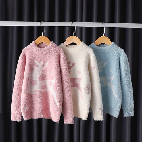 

Kids Girls' Ugly Christmas Sweater Cartoon Outdoor Long Sleeve Active Cotton 4-13 Years Winter Light Blue Pink Beige