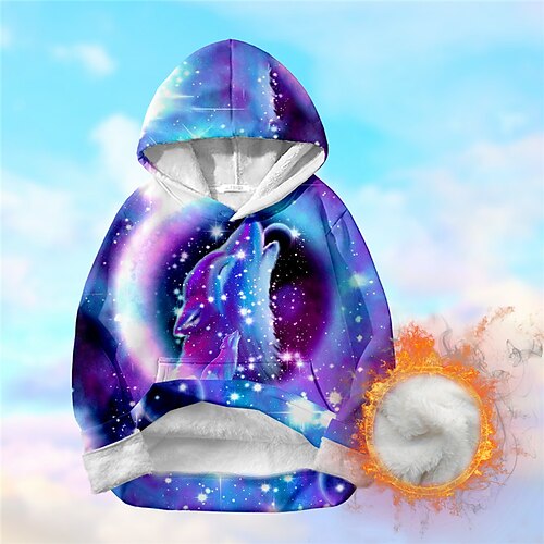 

Kids Boys Fleece Hoodie Pullover Keep Warm Animal Galaxy Fox Long Sleeve Pocket Children Top Casual 3D Print Fleece Hoodie Daily Purple Winter 7-13 Years