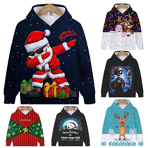 

Kids Boys Christmas Hoodie Long Sleeve Graphic Santa Claus Pocket Navy Blue Children Tops Spring Fall Fashion Cute Outdoor Casual Christmas 7-13 Years