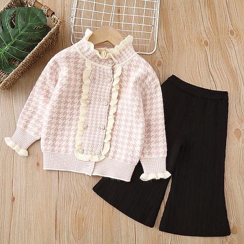 

2 Pieces Toddler Girls' Plaid Pants Suit Set Long Sleeve Active Outdoor 3-7 Years Winter Black Pink Red