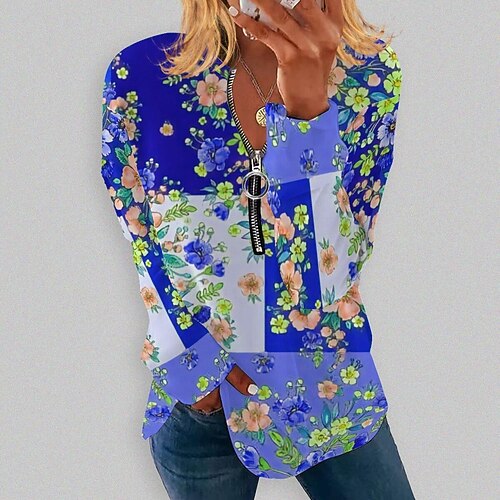 

Women's Sweatshirt Pullover Basic Zipper Green Blue Purple Floral Casual V Neck Long Sleeve S M L XL 2XL 3XL