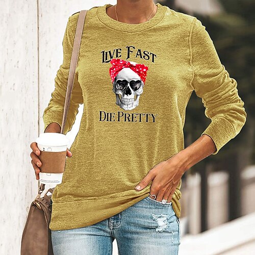 

Women's T shirt Tee Green Black Blue Skull Heart Print Long Sleeve Casual Daily Basic Round Neck Regular Cotton Floral S