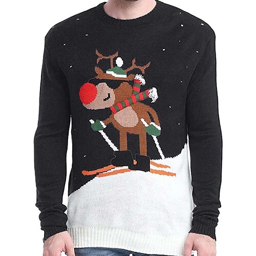 

Men's Sweater Ugly Christmas Sweater Pullover Sweater Jumper Ribbed Knit Cropped Knitted Deer Crew Neck Keep Warm Modern Contemporary Christmas Work Clothing Apparel Fall & Winter Black S M L