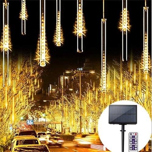

Solar Meteor Shower Rain Lights Upgrade 80cm with Remote Control LED Falling Raindrop Fairy String Light Waterproof Plug in Icicle Lights Outdoor for Halloween Christmas Party Patio Decor