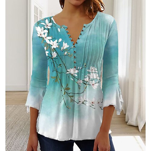 

Women's Blouse Shirt Green Blue Purple Floral Button Print 3/4 Length Sleeve Holiday Weekend Streetwear Casual Round Neck Regular Floral S