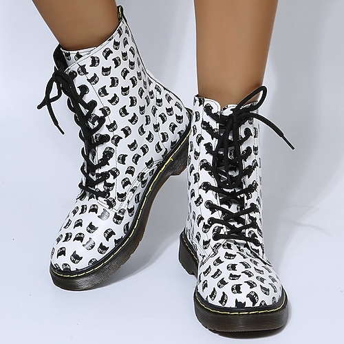 

Women's Boots Daily Combat Boots Plus Size Booties Ankle Boots Block Heel Round Toe Casual Minimalism PU Leather Lace-up Animal Patterned Black / Red Black White