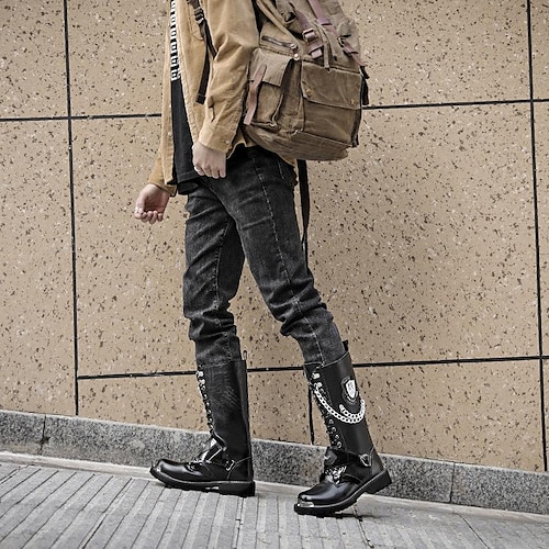Men's Gothic Punk Motorcycle Boots with Chains and Metal
