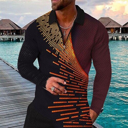 

Men's Collar Polo Shirt Golf Shirt Optical Illusion Graphic Prints Turndown Wine 3D Print Outdoor Street Long Sleeve Zipper Print Clothing Apparel Fashion Designer Casual Soft