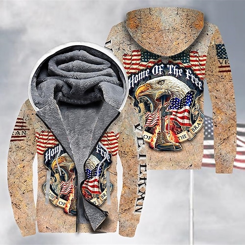 

Men's Fleece Jacket Full Zip Hoodie Fleece Hoodie Sherpa Jacket Khaki Hooded Graphic Prints Eagle National Flag Zipper Print Sports & Outdoor Daily Sports 3D Print Fleece Streetwear Designer Casual