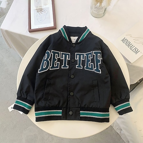 

Kids Unisex Coat Outerwear Letter Long Sleeve Coat Active Cool Black Fall 3-10 Years