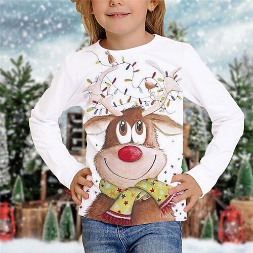 

Kids Girls' Ugly Christmas T shirt Animal Christmas Gifts 3D Printing Long Sleeve Crewneck Cute 7-13 Years Winter White