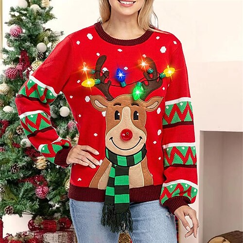 

Women's Light Up Ugly Christmas Sweater Pullover Sweater Jumper Ribbed Knit Animal Crew Neck Stylish Casual Christmas Holiday Winter Fall Black Red S M L