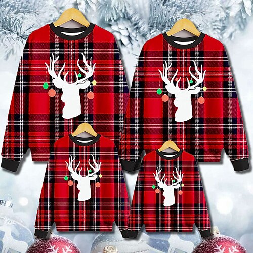 

Family Ugly Christmas Sweatshirt Pullover Plaid Elk Casual Crewneck Red Long Sleeve Adorable Matching Outfits