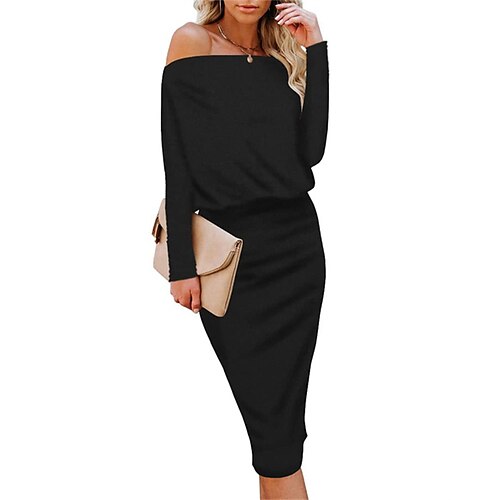 

Women's Casual Dress Sheath Dress Mini Dress Green Black Blue Long Sleeve Pure Color Cold Shoulder Winter Fall Autumn Off Shoulder Weekend Loose Fit 2022 S M L XL