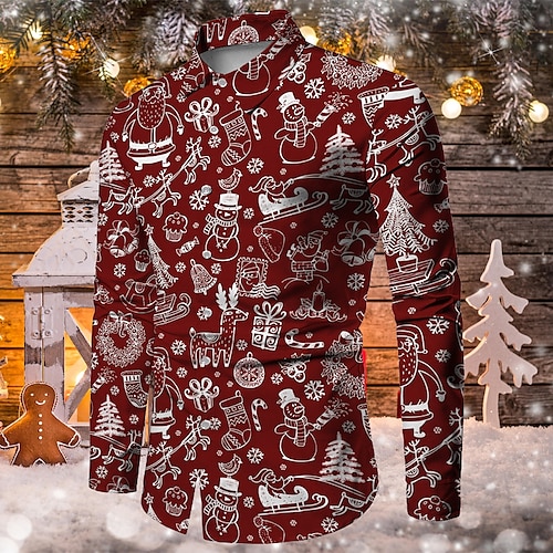 

Men's Shirt Elk Snowman Graphic Prints Snowflake Turndown Wine 3D Print Christmas Street Long Sleeve Button-Down Print Clothing Apparel Fashion Designer Casual Soft