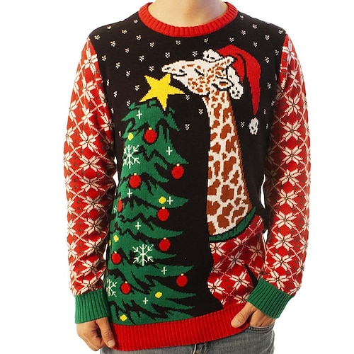 

Men's Sweater Ugly Christmas Sweater Pullover Sweater Jumper Ribbed Knit Cropped Knitted Giraffe Crew Neck Keep Warm Modern Contemporary Christmas Work Clothing Apparel Fall & Winter Red S M L