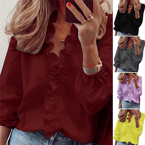 

Women's Blouse Ruffle Patchwork Solid / Plain Color Classic Sweet V Neck Puff Sleeve Regular Spring & Fall Black Purple Yellow Red Grey