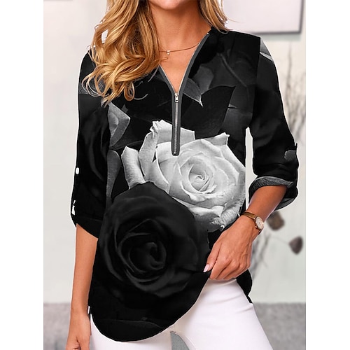 

Mulheres Camisa Social Blusa Preto Floral Quarter Zip Imprimir Manga Longa Casual Básico Decote V Padrão Tema Flores S