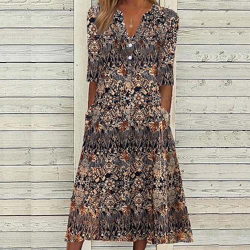 

Women's Casual Dress Swing Dress Boho Dress Midi Dress Brown Half Sleeve Floral Button Winter Fall Spring V Neck Stylish Weekend 2022 S M L XL XXL 3XL