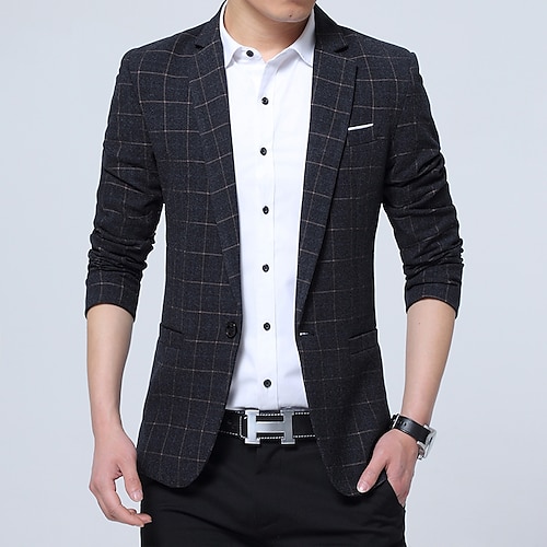 

Men's Fashion Blazer Jacket Regular Standard Fit Checkered Single Breasted One-button Black Burgundy Royal Blue 2022