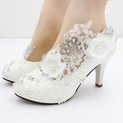 

Women's Wedding Shoes Wedding Wedding Heels Lace Flower Stiletto Heel Round Toe Elegant Sexy PU Leather Loafer Solid Colored White