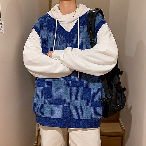 

Men's Sweater Vest Ribbed Knit Knitted Oversize Plaid V Wire Modern Contemporary Daily Wear Vacation Clothing Apparel Winter Fall Wine Green M L XL