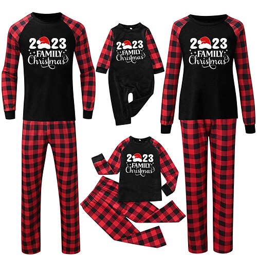 

Christmas Pajamas Family Plaid Letter Number Home Black Long Sleeve Basic Matching Outfits