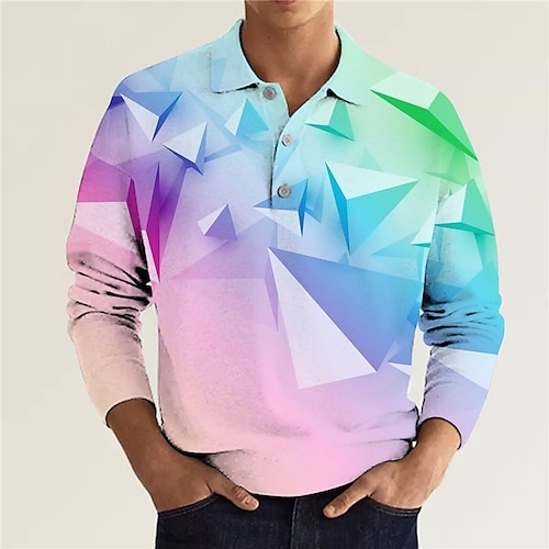 

Men's Polo Shirt Golf Shirt Gradient Graphic Prints Geometry Turndown Green Purple 3D Print Outdoor Street Long Sleeve Button-Down Print Clothing Apparel Fashion Designer Casual Soft