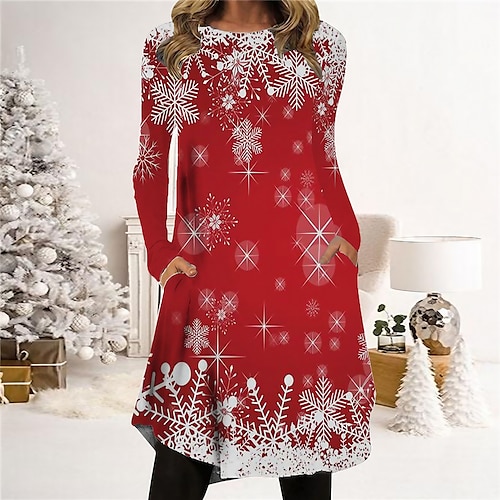 

Women's Christmas Casual Dress T Shirt Dress Tee Dress Shift Dress Mini Dress Red Long Sleeve Snowflake Pocket Winter Fall Autumn Crew Neck Fashion Christmas Daily 2022 S M L XL XXL 3XL