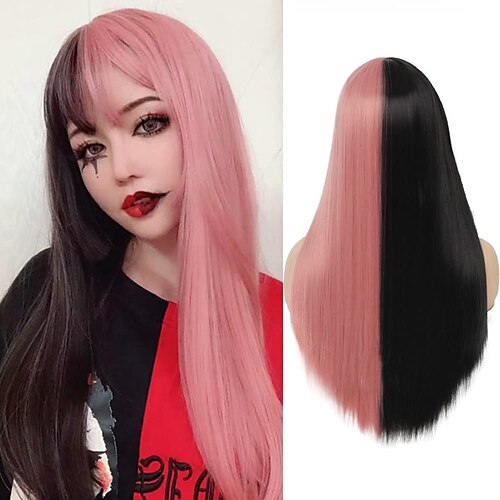 

parrucca mezza rosa mezza blu parrucche sintetiche resistenti al calore lunghe parrucche dritte con frangia parrucche cosplay dall'aspetto naturale per le donne
