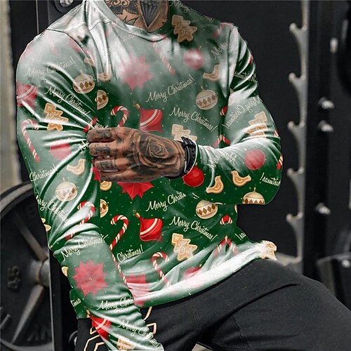 

Men's T shirt Tee Snowman Graphic Prints Crew Neck Green Light Green 3D Print Christmas Daily Long Sleeve Print Clothing Apparel Basic Streetwear Designer Casual