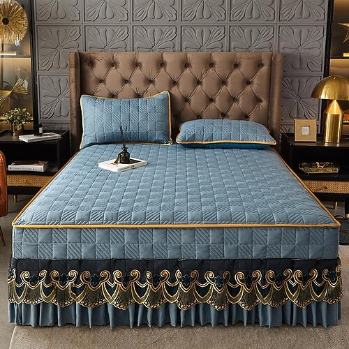 

Pure Color Simple Soft Comfortable Cotton Clip Lace Embroidery Short Bed Skirt Fitted Sheet Bed Cover
