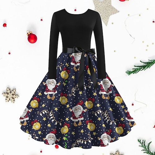 

Women's Christmas Vintage Dress Knee Length Dress Green Black Dark Blue Red Long Sleeve Geometric Tree Print Print Fall Winter Crew Neck Vintage Elegant 2022 S M L XL XXL 3XL