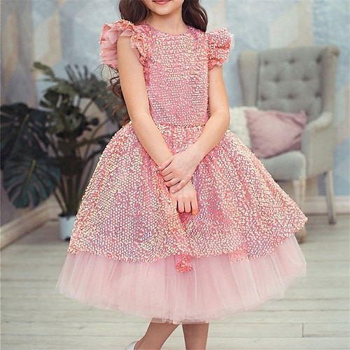 

Toddler Girls' Party Dress Sequin Sheath Dress Above Knee Dress Performance Mesh Short Sleeve Cute Dress 3-7 Years Fall Pink Red