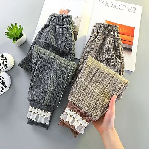 

Kids Girls' Trousers Solid Color Active Outdoor 7-13 Years Winter Khaki Gray