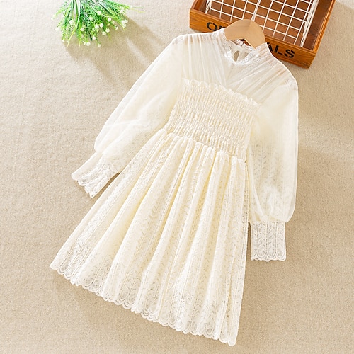 

Kids Girls' Dress Solid Color Casual Dress Knee-length Dress School Lace Long Sleeve Daily Dress 3-12 Years Winter Beige / Fall / Spring