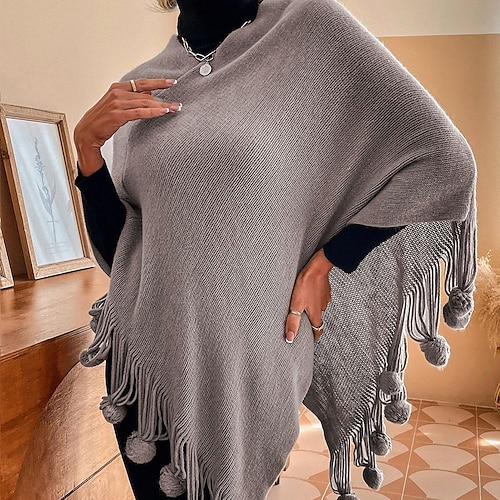 

2022 european and american women's clothing autumn and winter new hair ball fringed shawl sweater cloak