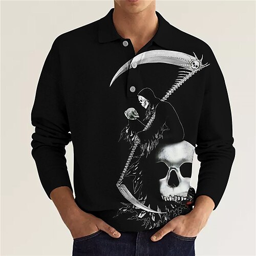 

Men's Polo Shirt Golf Shirt Skull Graphic Prints Turndown Blue White 3D Print Outdoor Street Long Sleeve Button-Down Print Clothing Apparel Cool Designer Casual Punk & Gothic