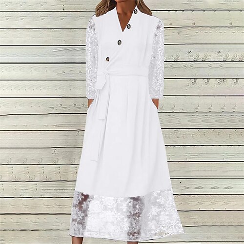 

Women's Casual Dress Lace Dress White Dress Midi Dress Black Dark Blue White 3/4 Length Sleeve Pure Color Lace Winter Fall Spring V Neck Fashion Daily 2022 S M L XL XXL 3XL 4XL 5XL