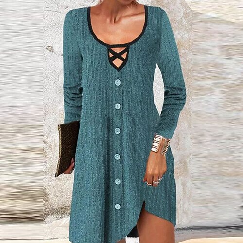 

Women's Casual Dress Shift Dress Mini Dress Green Long Sleeve Pure Color Button Winter Fall Spring U Neck Fashion Daily Vacation 2022 S M L XL XXL 3XL