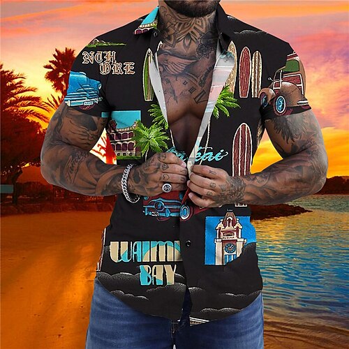 

Hombre Camisa camisa hawaiana Árbol de coco Estampados Construcciones Cuello Vuelto Negro Gris Impresión 3D Calle Casual Mangas cortas Abotonar Estampado Ropa Moda Design Ligeras Casual