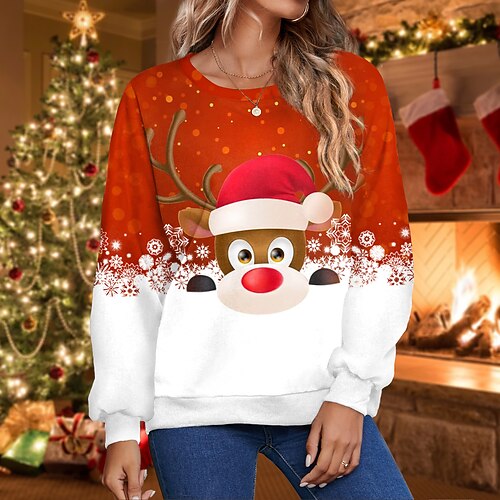 

Women's Sweatshirt Pullover Streetwear Red Reindeer Christmas Round Neck Long Sleeve S M L XL 2XL 3XL