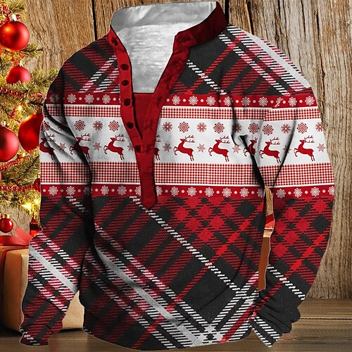 

Men's Unisex Sweatshirt Pullover Button Up Hoodie Red Standing Collar Graphic Prints Reindeer Print Christmas Casual Daily 3D Print Streetwear Designer Casual Spring & Fall Clothing Apparel Hoodies