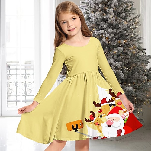 

Kids Girls' Christmas Dress Santa Claus Casual Dress Above Knee Dress Christmas Gifts Crewneck Long Sleeve Adorable Dress 2-13 Years Winter Yellow