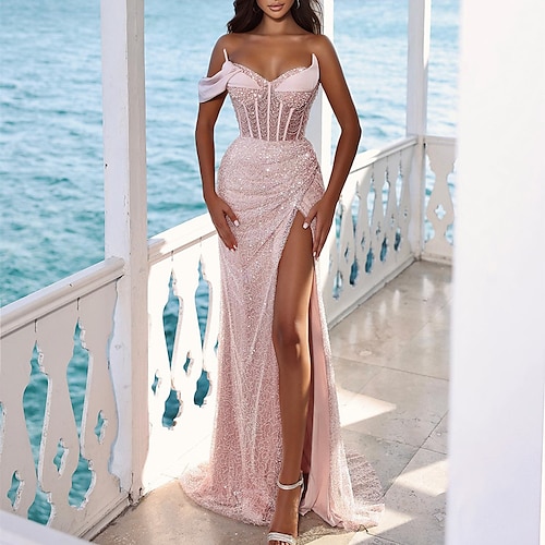 

Mermaid / Trumpet Evening Gown Sparkle & Shine Dress Formal Court Train Sleeveless Strapless Sequined with Sequin Slit 2022