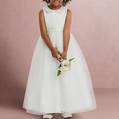 

Wedding Party A-Line Flower Girl Dresses Jewel Neck Floor Length Satin Tulle with Pure Color Splicing Elegant Cute Girls' Party Dress Fit 3-16 Years
