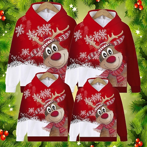 

Family Ugly Christmas Hoodie Graphic Deer Outdoor Crewneck Red Long Sleeve Cute Matching Outfits