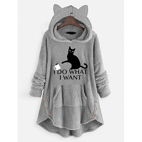 

Women's Cat Ear Fleece Hoodie Tops Sweatshirt Plain Button Pocket Long Sleeve Hooded Casual Teddy Home Daily Winter Fall Windproof Warm