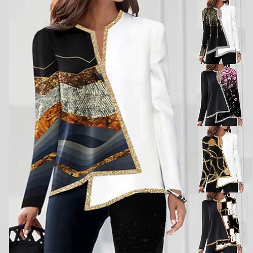 

Women's Blouse Shirt Black Gold Wine Graphic Color Block Asymmetric Print Long Sleeve Work Casual Streetwear Business V Neck Regular S
